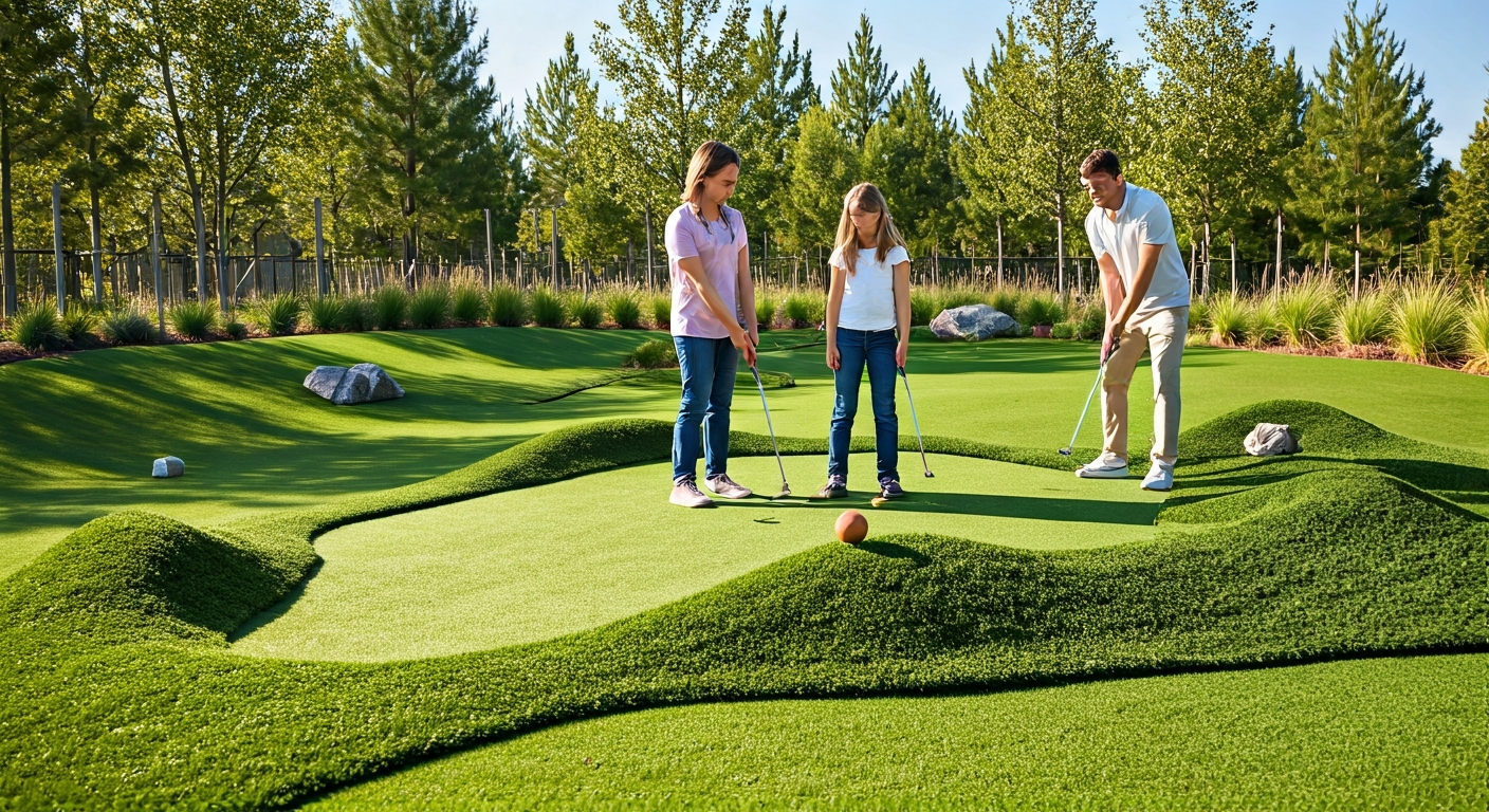 Rodina hraje na hřišti Adventure Golf Plzeň Černice