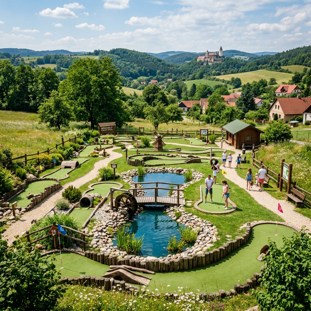 A cinematic, ultra-realistic wide shot of a beautiful adventure minigolf course in the Czech countryside, lush green grass, a small water trap, wooden logs, sunny day, vibrant colors, photorealistic.