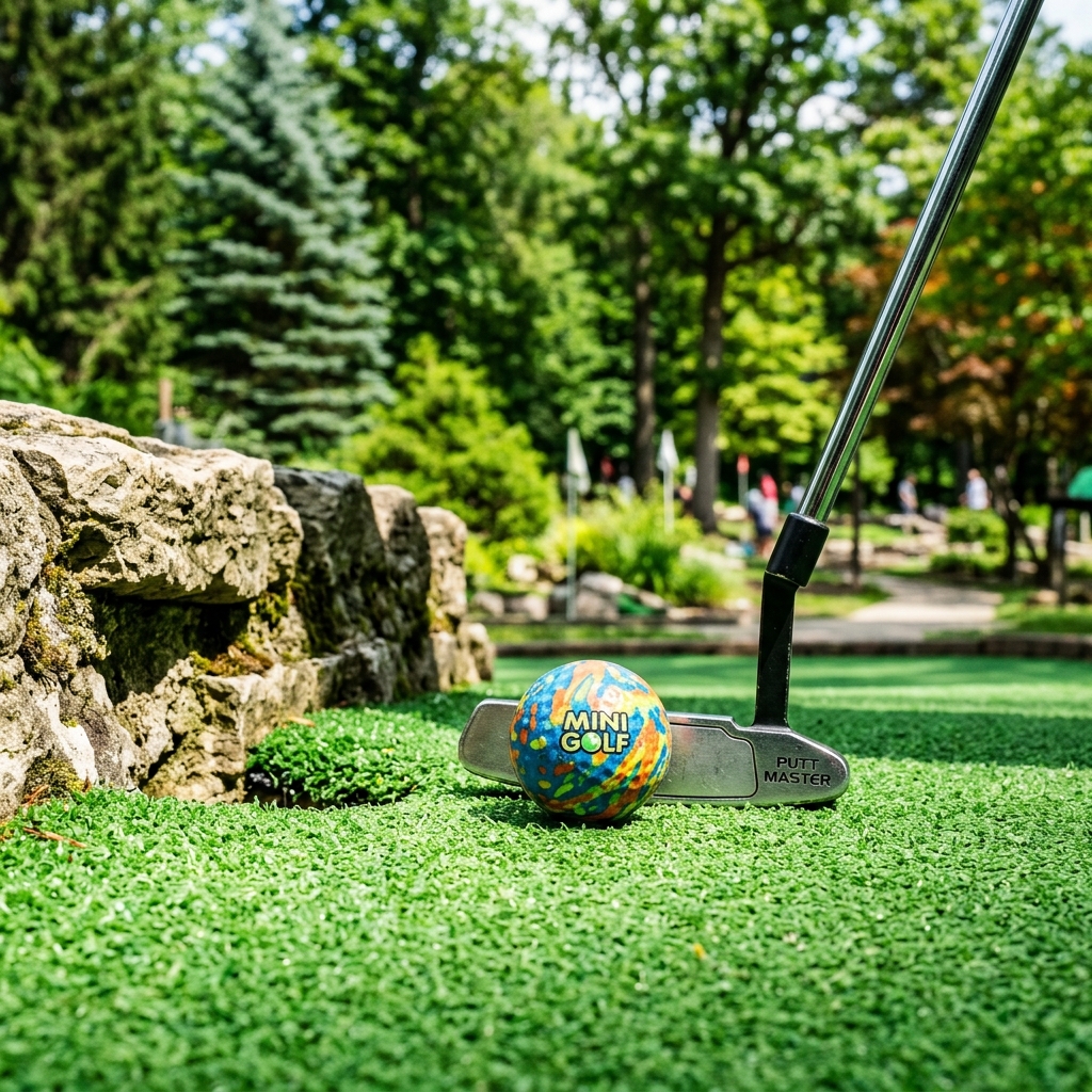 A close up shot of a colorful golf ball next to a putter on a bright green artificial grass minigolf hole with a natural stone obstacle, blurred background with trees, sunny outdoor lighting, highly detailed.