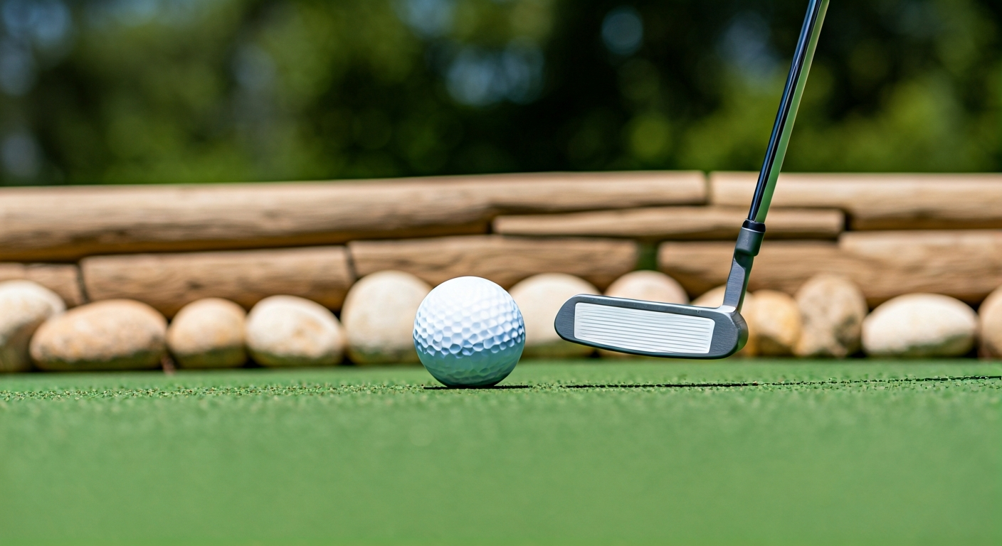 Adventure minigolf Milín: Příbramsko láká na novou atrakci 2 Detail jamky na adventure golfu v Milíně s golfovou holí a míčkem