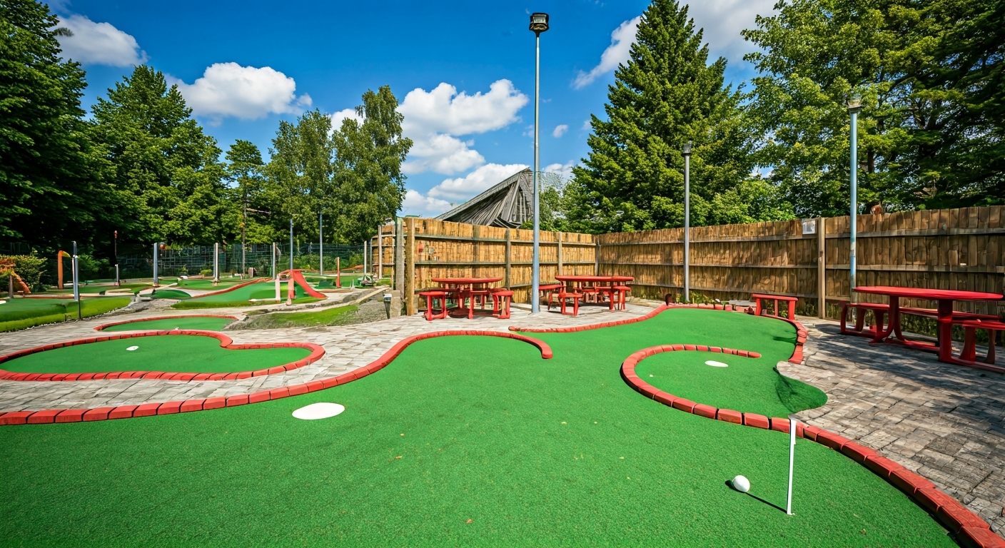Adventure minigolf Milín: Příbramsko láká na novou atrakci 3 Rodina s dětmi se baví u minigolfu v Milíně, v pozadí vzduchové trampolíny