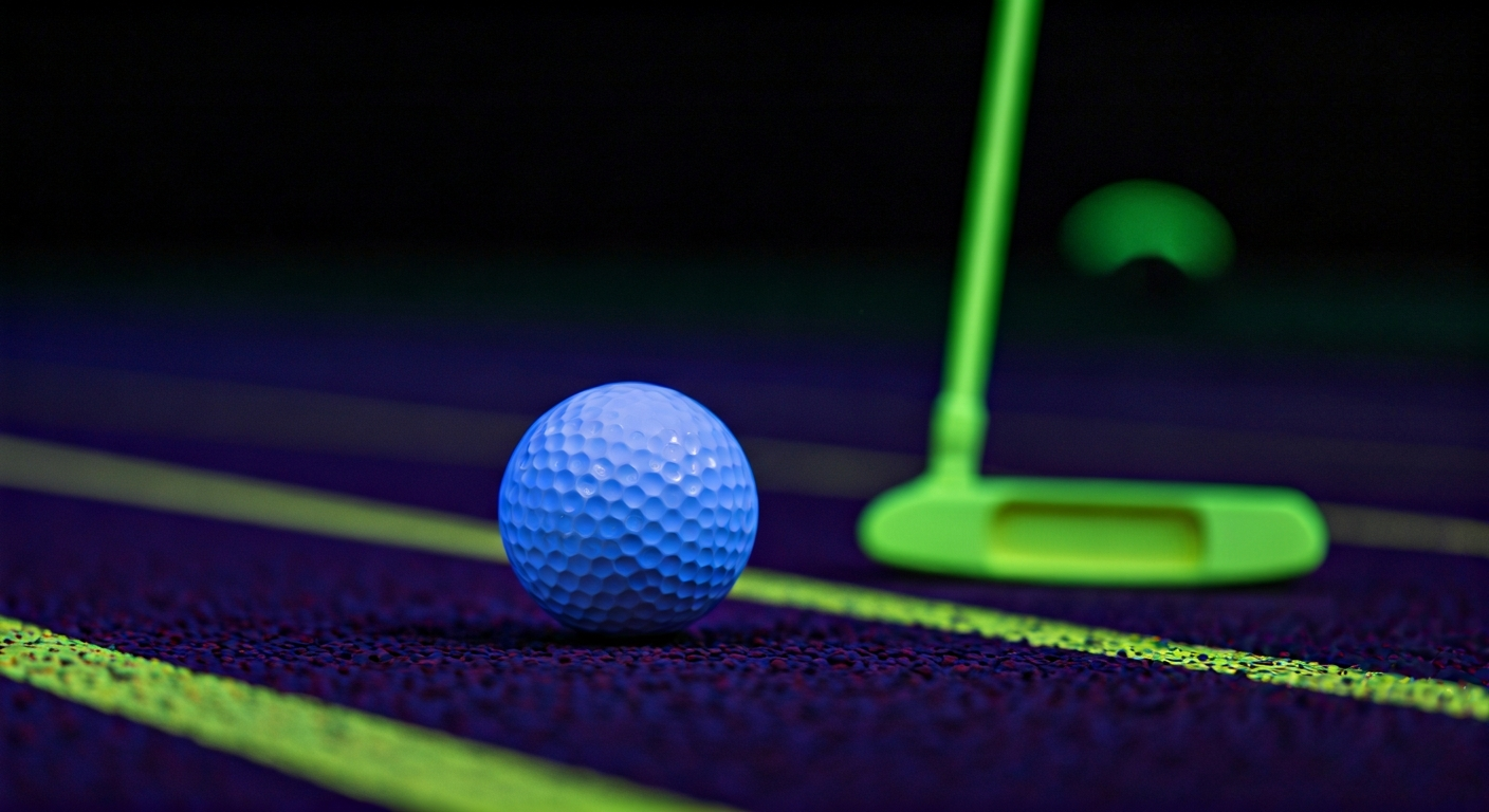 In-body image showing a close up of a glowing neon golf ball next to a fluorescent putter on a glowing track with a blacklight atmosphere.